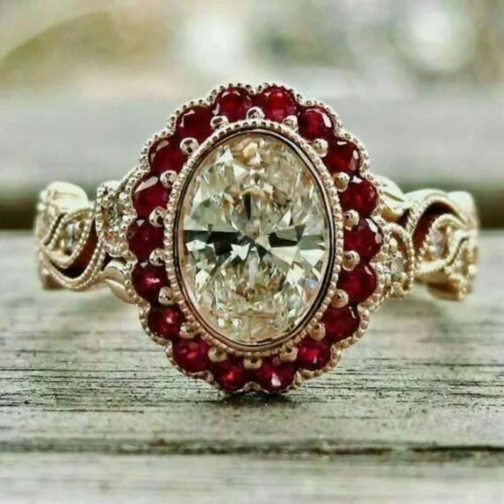 2Ct Oval Simulated Diamond & Red Ruby Engagement Ring 14K Rose Gold Plated